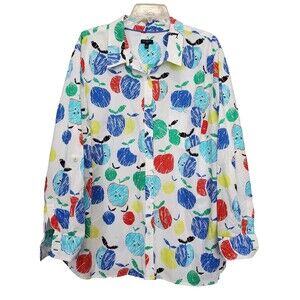 Talbots Woman Cotton Multicolor Apple Novelty Print Roll-Tab Sleeve Button-Up 3X